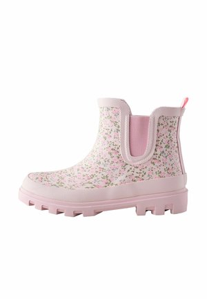 Pink floral ankle rain boot with textured sole and elastic side panels for easy slip-on on white background.