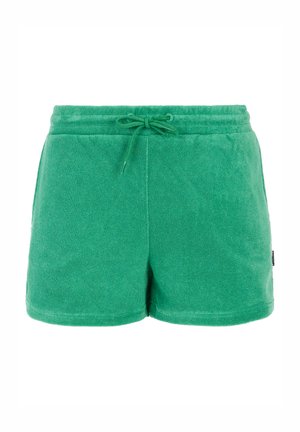 Groene badstof shorts met een elastische tailleband en trekkoord. Bevat een gladde textuur en zijzakken; minimale merkdetails.