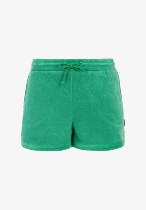 Groene badstof shorts met een elastische tailleband en trekkoord. Bevat een gladde textuur en zijzakken; minimale merkdetails.