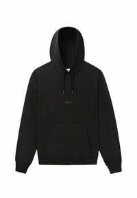 Black hooded sweatshirt made of soft fabric, featuring a kangaroo pocket, ribbed cuffs and hem, and a small logo in the center.