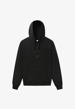 Fekete kapucnis pulóver, puha anyagból készült, kenguruzsebbel, bordás mandzsettákkal és szegéllyel, valamint egy kis logóval a közepén.