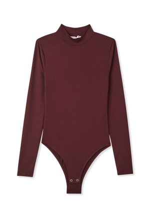 Body lungo bordeaux con collo alto e chiusura a scatto nella parte inferiore. Realizzato in un tessuto morbido e aderente con texture a costine.
