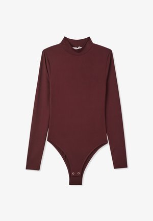 Body lungo bordeaux con collo alto e chiusura a scatto nella parte inferiore. Realizzato in un tessuto morbido e aderente con texture a costine.