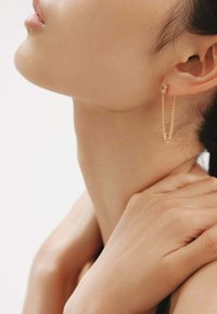 Pendientes de cadena de color dorado con un acento de piedra rectangular; la imagen se centra en la oreja, el cuello y la mano que sostiene la clavícula.