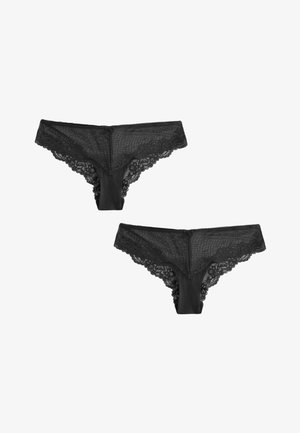 Black lace and mesh hipster panties featuring a scalloped lace trim and solid fabric panel at the front. Two pairs shown.