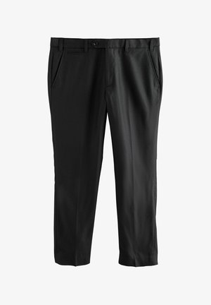 Czarne spodnie wykonane z gładkiego materiału, z dwoma bocznymi kieszeniami, zapinane na guzik, o prostym kroju nogawek. Minimalistyczne i dopasowane.