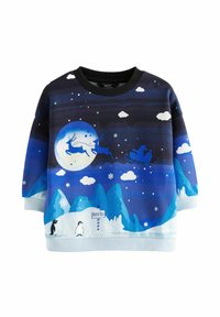 Felpa a maniche lunghe blu con una scena invernale che presenta renne, una slitta, montagne, fiocchi di neve e pinguini. Tessuto misto cotone.