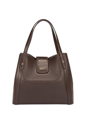 Brown leather handbag with double handles, a magnetic flap closure, and gold logo accent. Smooth texture and structured silhouette.