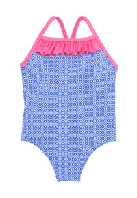 Maillot de bain une pièce bleu avec un motif géométrique ; finition à volants rose ; bretelles réglables ; texture lisse ; convient pour la baignade.