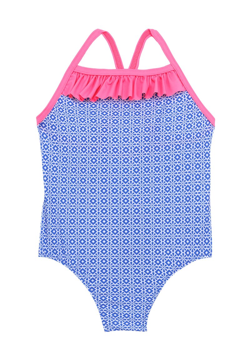 Maillot de bain une pièce bleu avec un motif géométrique ; finition à volants rose ; bretelles réglables ; texture lisse ; convient pour la baignade.