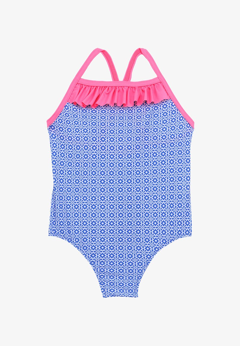Maillot de bain une pièce bleu avec un motif géométrique ; finition à volants rose ; bretelles réglables ; texture lisse ; convient pour la baignade.