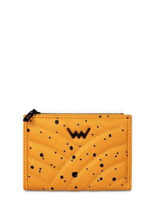 Yellow leather wallet with a quilted wave pattern and black speckled details. Features a black zip closure and an embossed logo.
