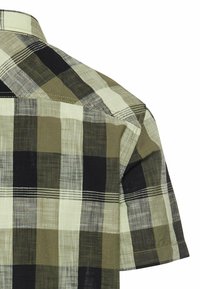Korte mouwen geruite shirt in gedempt groen en zwart, met een gemêleerde stof, gekenmerkt door grote vierkanten en fijne horizontale strepen.