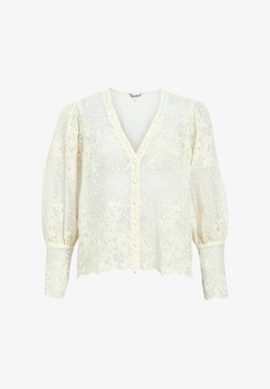 Spitzenbluse in Creme mit einem V-Ausschnitt, puffigen langen Ärmeln, gestickten floralen Mustern und Knopfverschlüssen an der Vorderseite.