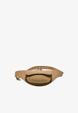Tanfarvet ruskind bælletaske med lynet flaplomme og justerbar rem med metaløjer og spænde.