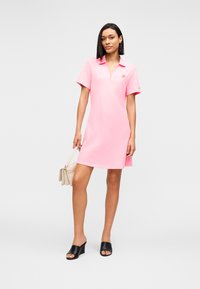 Ροζ φόρεμα πόλο από απαλό ύφασμα, με γιακά και κοντά μανίκια. Στο σχεδιασμό περιλαμβάνεται διακριτική σήμανση στο στήθος. Φοριέται με μαύρα παπούτσια.