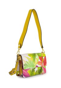 Handtasche mit blumigem Muster, ausgestattet mit einem hellgelben Lederriemen und goldenen Metallteilen. Sie zeichnet sich durch lebendige Grüntöne, Rosa- und Orangetöne auf einem weißen Hintergrund aus.