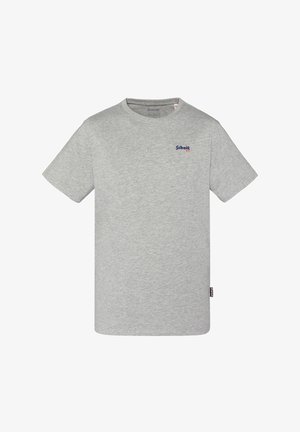 T-shirt in cotone grigio a maniche corte, con un piccolo logo "Schott" blu e rosso sul petto. Tessuto morbido e scollo a girocollo.