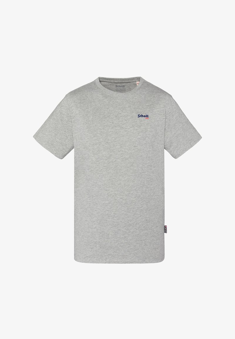 T-shirt en coton gris à manches courtes, présentant un petit logo "Schott" bleu et rouge sur la poitrine. Texture douce et col ras du cou.
