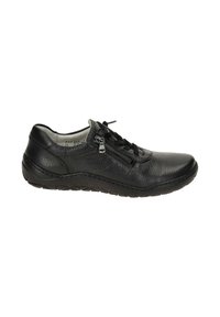Black leather shoe with textured upper, lace-up design, side zipper, and rubber sole offering flexibility and comfort.
