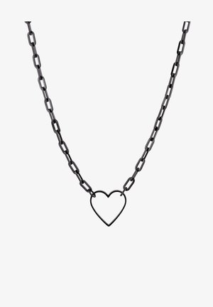 Collier en chaîne en métal noir avec des maillons allongés, et un pendentif en forme de cœur ouvert au centre. Texture lisse sur l'ensemble.