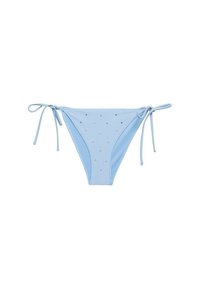 Light blue bikini bottom with a smooth fabric, features side ties and embellished with small shiny accents throughout.