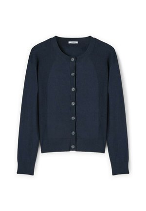 Cardigan blu navy con scollo tondo, dettagli a costine sulle spalle e sei bottoni sul davanti. Texture morbida, maniche aderenti.