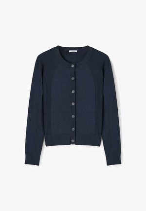 Námořnický modrý cardigan s kulatým výstřihem, žebrovanými detaily na ramenou a šesti knoflíky vpředu. Měkká textura, přiléhavé rukávy.