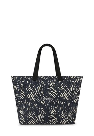 Sac fourre-tout avec un motif abstrait bleu marine et écru, fabriqué en tissu durable, avec des poignées noires et un logo sur le devant.