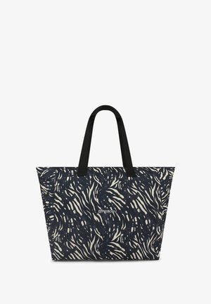 Borsa tote con un motivo astratto blu marino e bianco sporco, realizzata in tessuto resistente, con manici neri e un dettaglio del logo sulla parte anteriore.