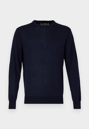 Navyblauer Langarmpullover aus einem glatten, leichten Stoff. Mit Rundhalsausschnitt und gerippten Bündchen und Saum. Minimalistisches Design.