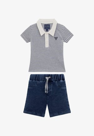 Striped short-sleeve polo shirt in navy and white with three buttons and collar; paired with navy pull-on shorts featuring side pockets.