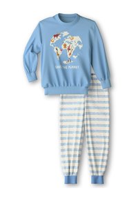 Blauwe sweatshirt met een wereldkaart met dieren en de tekst "RED DE PLANET". Coördinerende gestreepte broek in lichtblauw en crème met boorden.