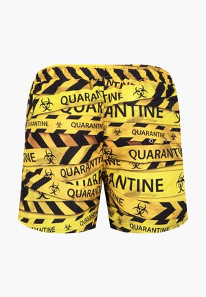 Geel zwemshorts met een quarantainemotief, zwart gestreept en voorzien van biohazard-symbolen. Elastische taille met een trekkoord.