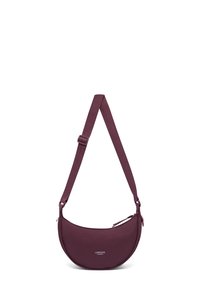 Borsa a tracolla a mezzaluna marrone in tessuto testurizzato, dotata di tracolla regolabile e scomparto con zip. Logo del marchio visibile sul davanti.