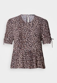 Καφέ και μπεζ μπλούζα με λεοπάρ σχέδιο, κοντά μανίκια, συγκεντρωμένους ώμους, πίσω με άνοιγμα και φαρδιά, εναλλασσόμενη τελείωμα.