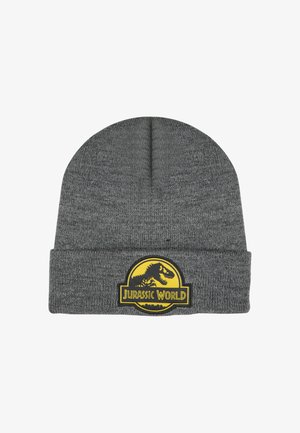Grijze gebreide muts met omgeslagen boord. Heeft een ronde gele patch met een zwarte dinosaurus-silhouet en de tekst "Jurassic World".