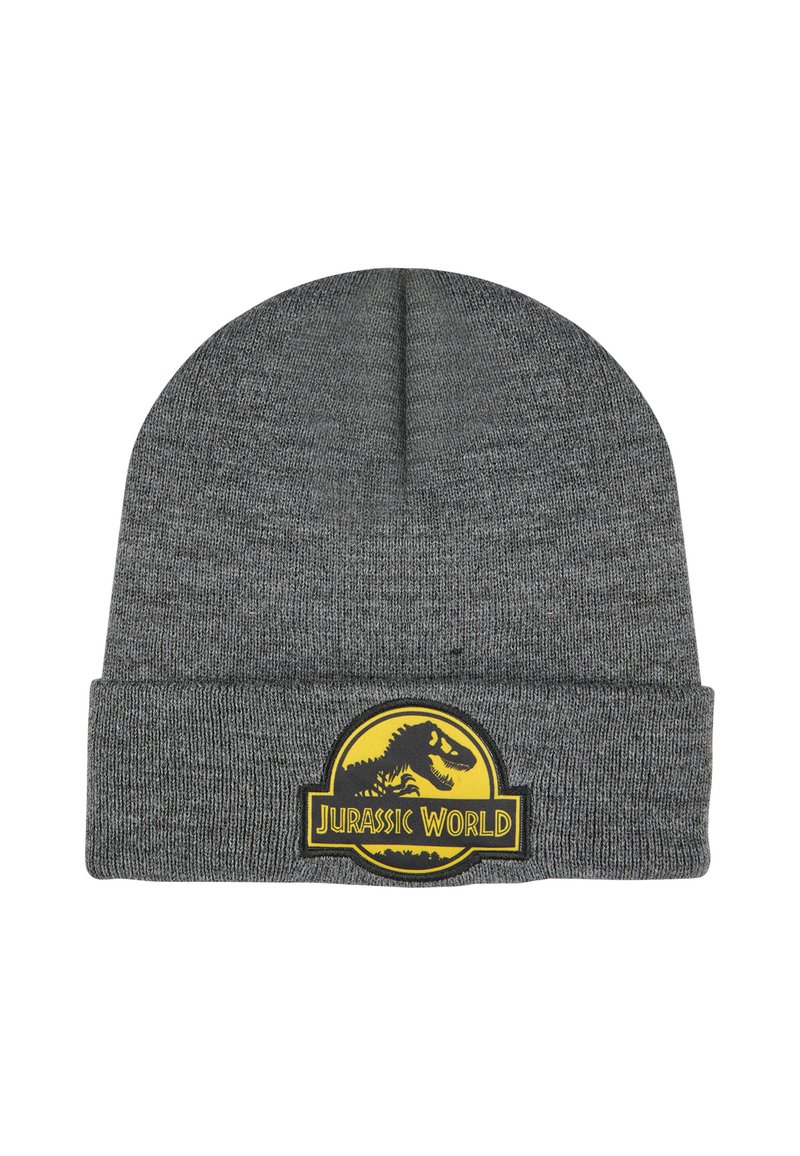 Gray knitted beanie with a cuff. Features a circular patch with a black dinosaur silhouette and yellow-bordered text reading "Jurassic World."