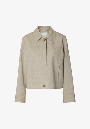 Beige cropped jacket with wide collar, long sleeves, two large buttons, and subtle seam details, made from textured fabric.