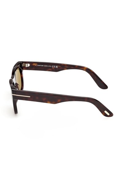 Tortoiseshell rectangular sunglasses with thick arms, gold accents, and "Tom Ford Made in Italy" text on the inner side.