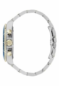 Silver stainless steel watch with a gold-accented bezel and two pushers, featuring a blue dial with contrasting markers and a link bracelet.