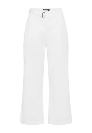 White wide-leg trousers with high waist, fabric belt, and rectangular gold buckle, front pleats, and side pockets.