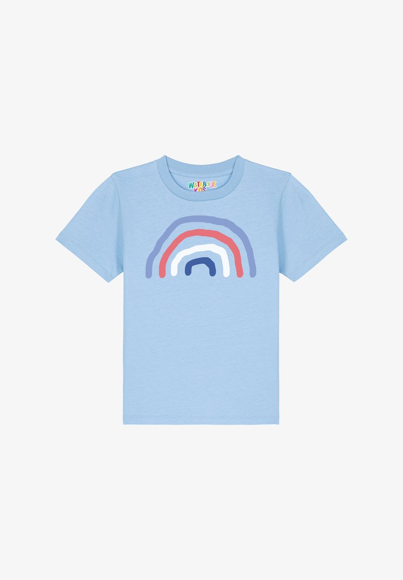 T-shirt en coton bleu clair avec un design de rainbow multicolore en rouge, rose, violet et blanc. Manches courtes et col rond.