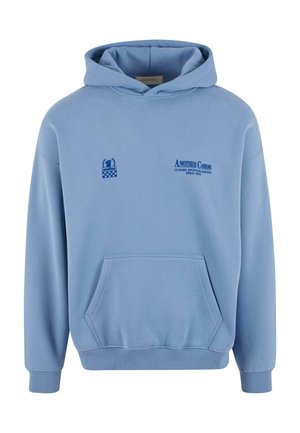 Light blue cotton hoodie with a front kangaroo pocket, ribbed cuffs, and hem. Features blue printed logos and text on the chest.