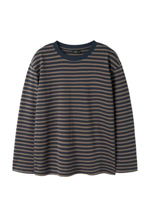 Maglia a maniche lunghe con scollo a girocollo, righe orizzontali marroni e blu scuro, vestibilità larga, senza bottoni o tasche visibili.