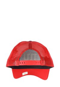 Red mesh cap with a solid red visor and back. Features an adjustable snap closure and a label on the underside of the brim.