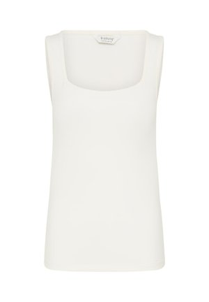 Biele tielko bez rukávov so štvorcovým výstrihom, vyrobené z hladkej látky, s viditeľnou značkou vo vnútri goliera.