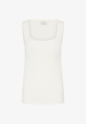 Valge varrukateta top ruudukujulise kaelusega, valmistatud siledast kangast, kaelas näha brändi silt.