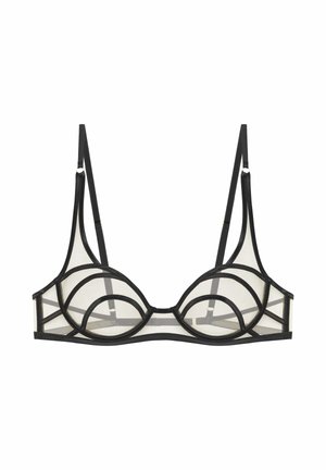 Soutien-gorge en maille noire avec des découpes géométriques, de fines bretelles réglables et un bord en élastique contrasté.