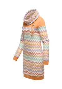 Farverig kjole med zigzag-mønster, orange cowl-krave og manchetter. Lavet af blødt stof, med lange ærmer og løst fit.